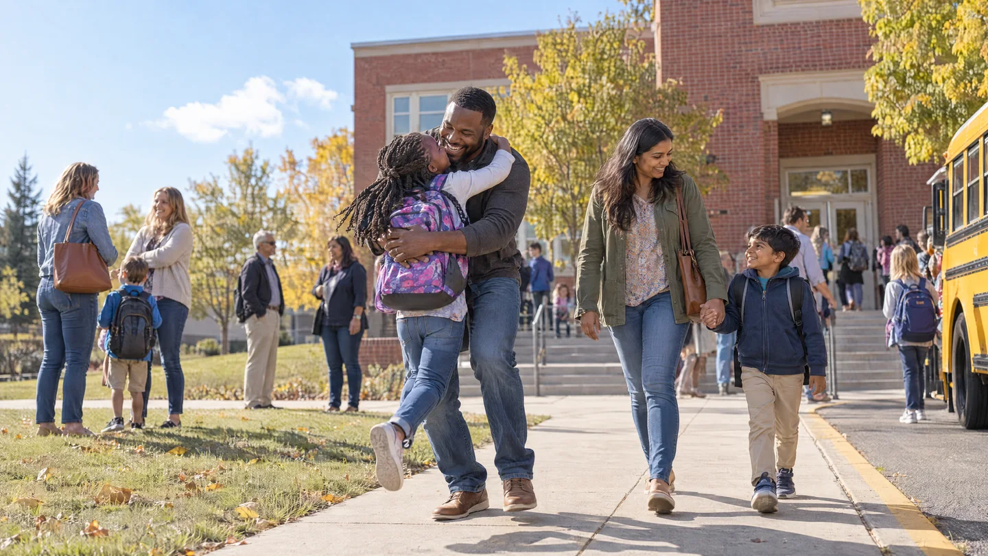 At afternoon pickup outside a brick elementary school, a girl hugs her dad while a mom walks her young son past the school bus.