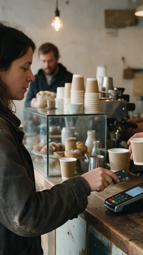 A woman taps her card to pay at a café counter as the barista hands her a coffee.