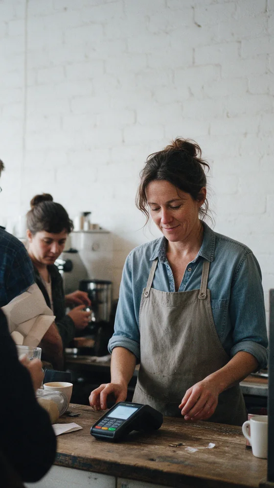 A café owner in an apron smiles at the card reader on her counter while customers wait in line.