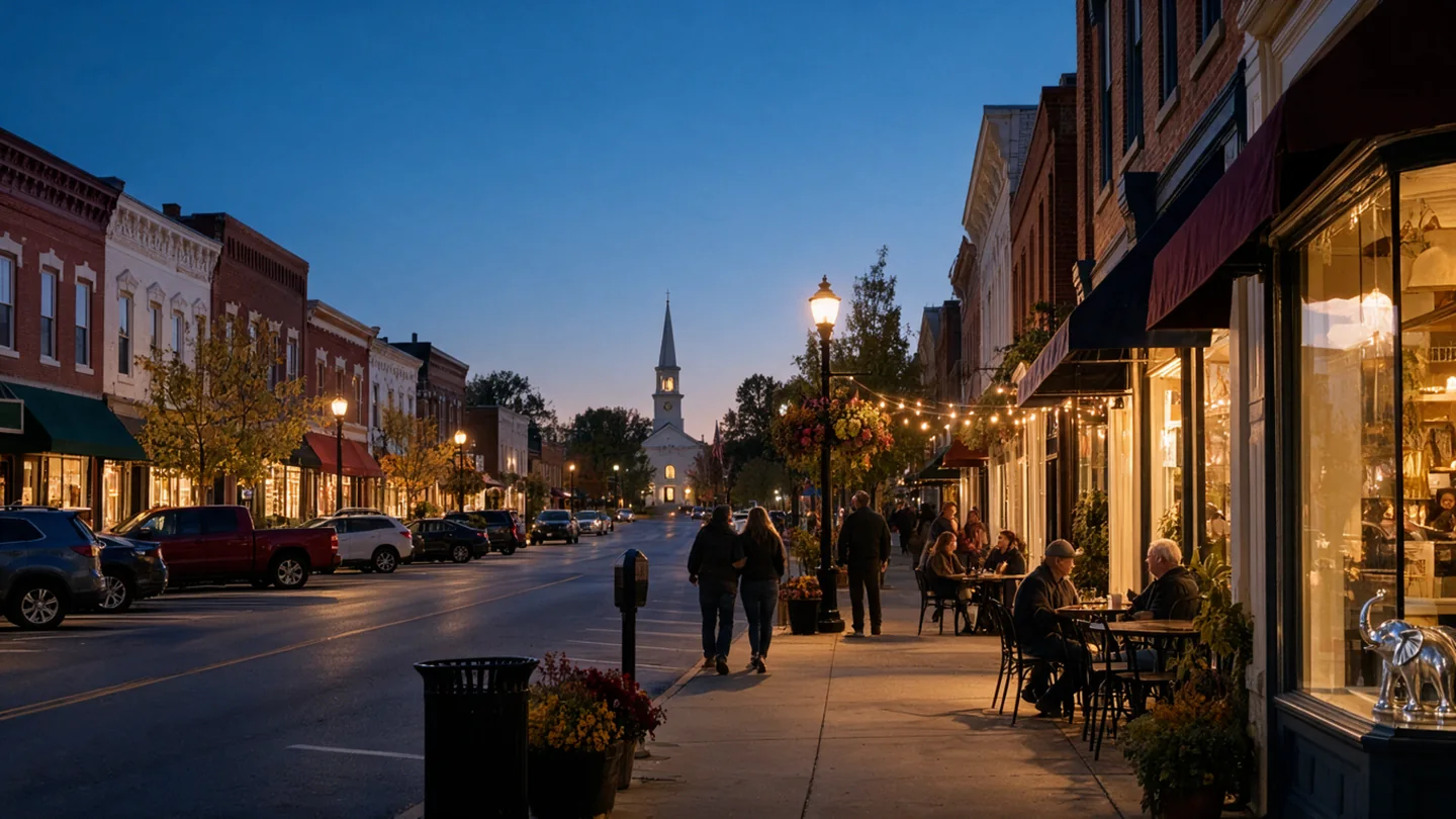 The same main street at blue hour. Shop windows and street lamps glow, neighbors walk home and sit outside the café, the church is lit at the end of the street, and the chrome elephant shines in a window.