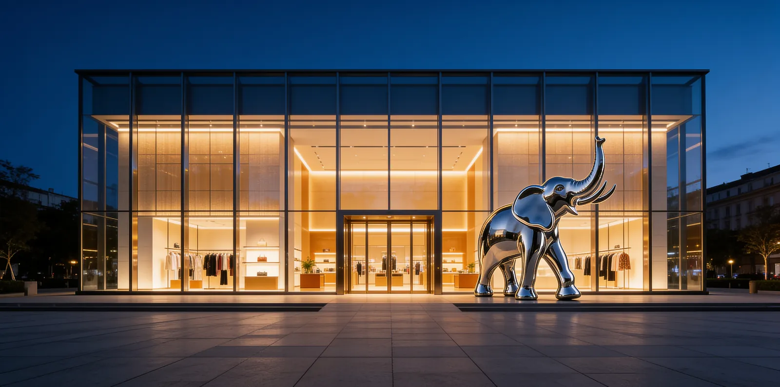 A glass flagship store glowing at blue hour. A large chrome elephant stands by the entrance, trunk raised.