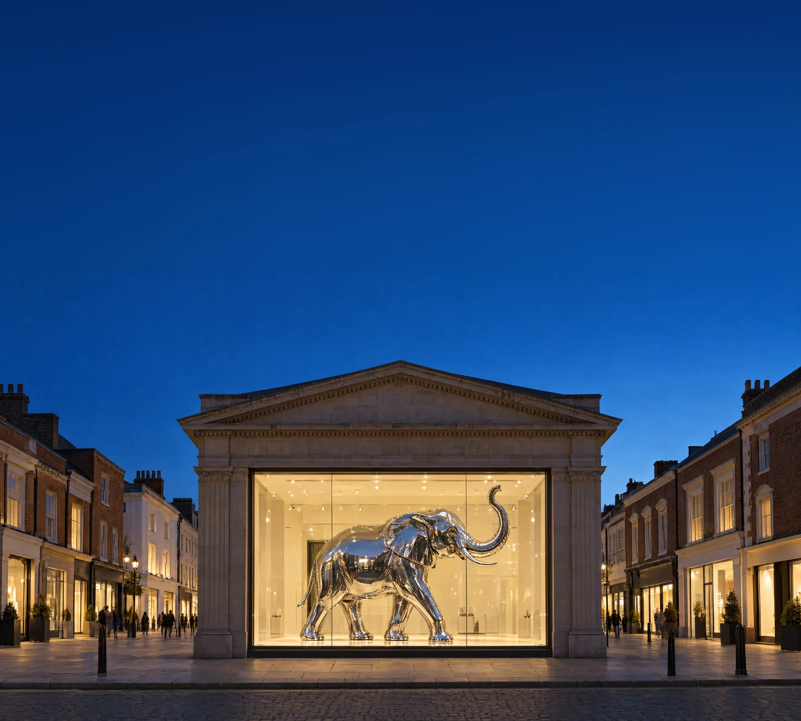 At dusk on a city street, a chrome elephant stands lit inside the large glass window of a stone pavilion.