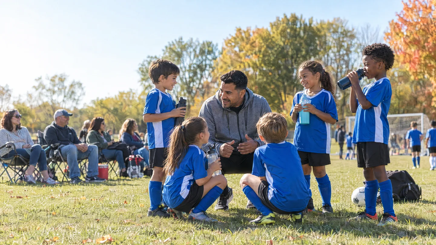 On a sunny fall morning, a coach crouches to talk with his young soccer team as they drink water, with parents watching from the sideline.