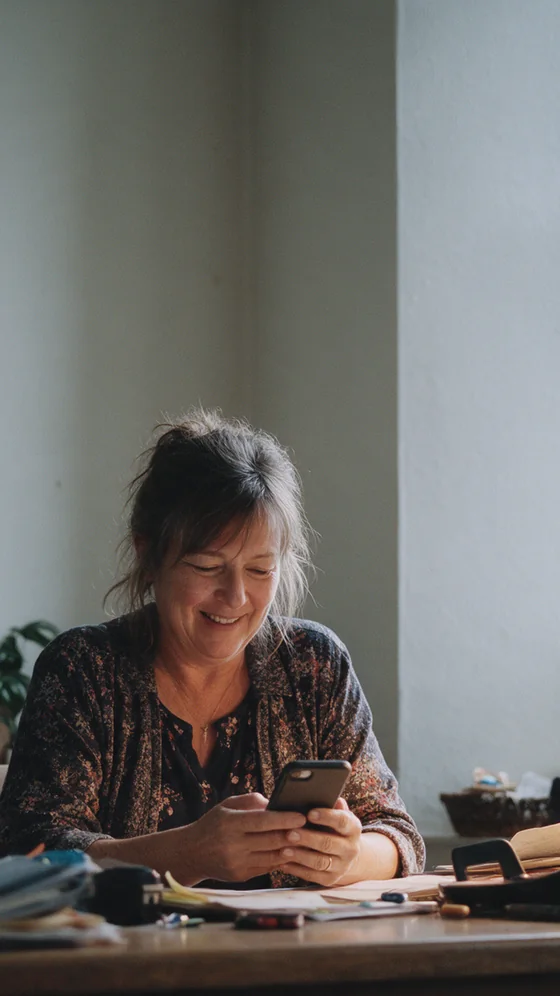 A church leader smiles at her phone at her desk.