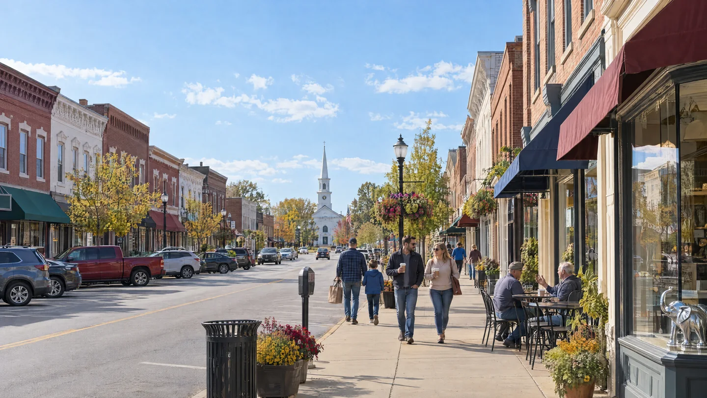 A sunny small-town main street in early fall. Neighbors walk with coffee and sit outside a café, brick shops with awnings line the street and a white church steeple rises at the end.
