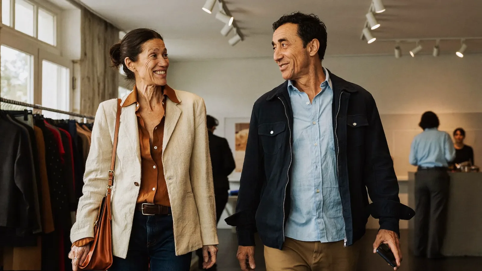 A store owner and her account manager walk through her clothing store, smiling and mid-conversation.