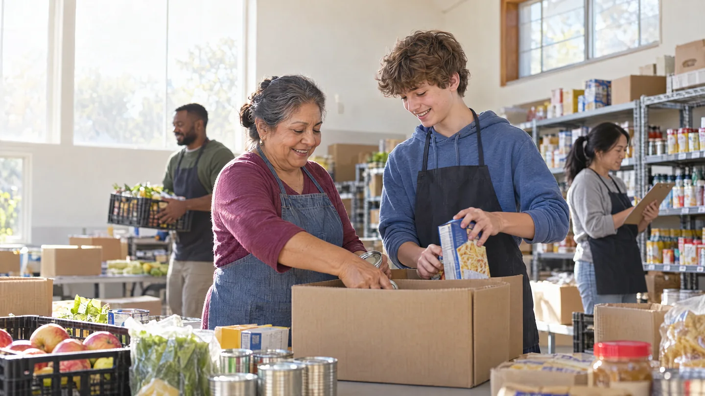 An older woman and a teenage volunteer smile as they pack a box of groceries together at a bright food bank.