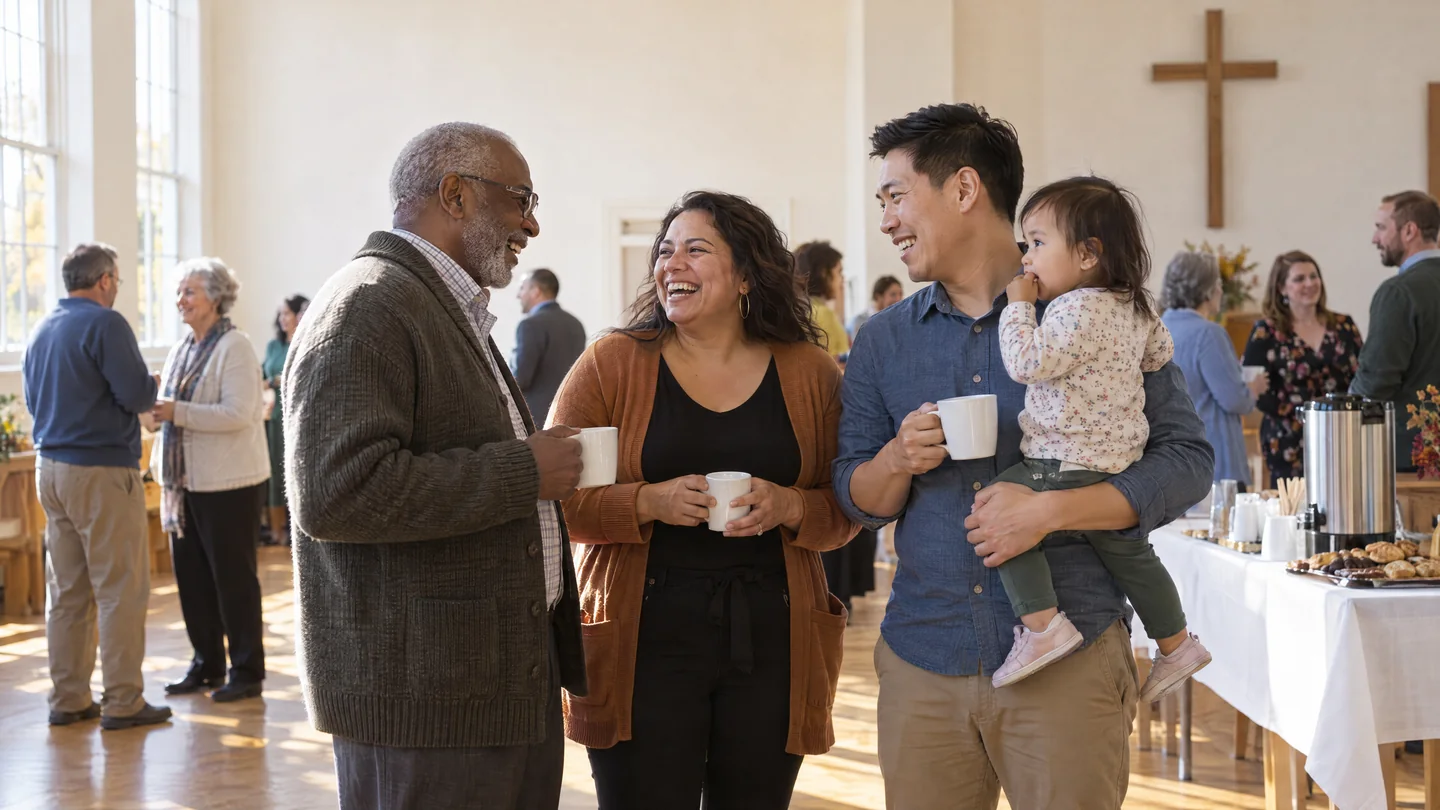 Neighbors laugh together over coffee in a sunny church hall: an older man, a woman and a young dad holding his toddler.